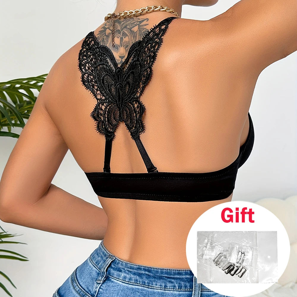 Women's Black Sexy Butterfly Embroidery Lingerie Front Buckle Removable Straps Underwire Thin Mold Cup Half Cup Lingerie