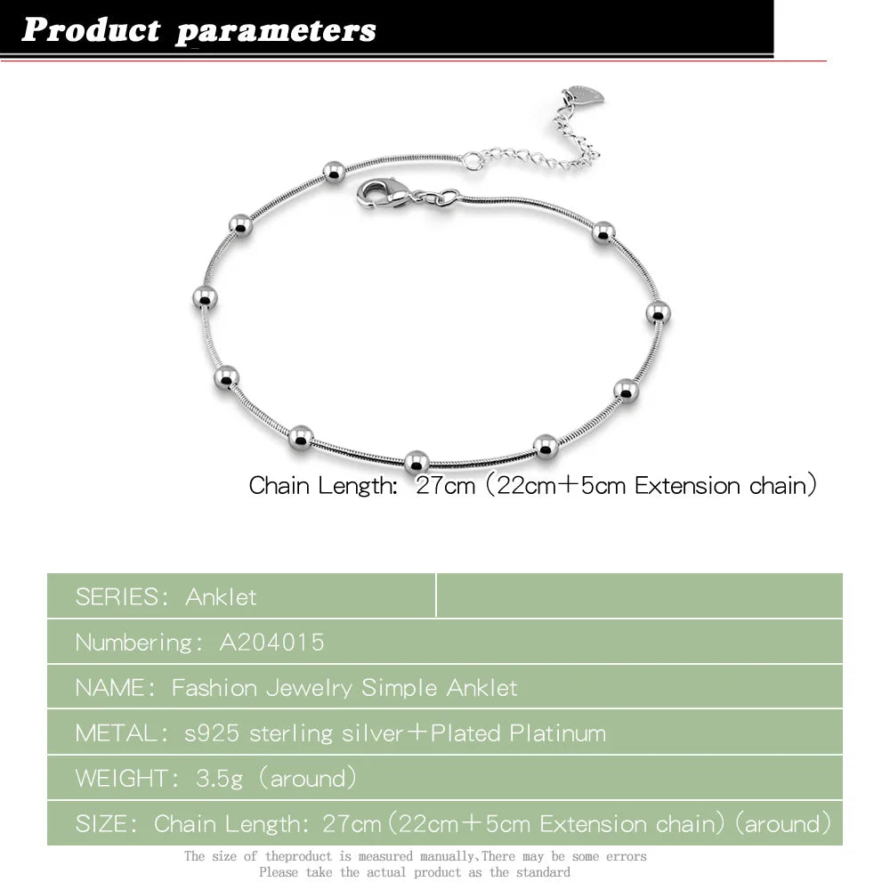 100% 925 Sterling silver moda praia Anklet Bracelet on The Leg Fashion Summer Beach Foot Jewelry Tobilleras De Plata Para Mujer