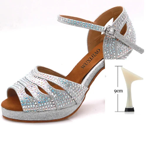 WUXIJIAO Jazz shoes Latin dance shoes women Latin salsa girls casual shoes silver rhinestone shoes