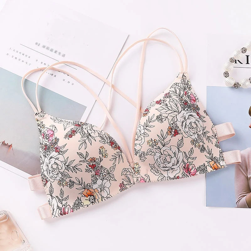 Women Flower Printed Bras Front Buckle Wireless Bralette Sexy Lingerie Comfort Push Up Floral Bras