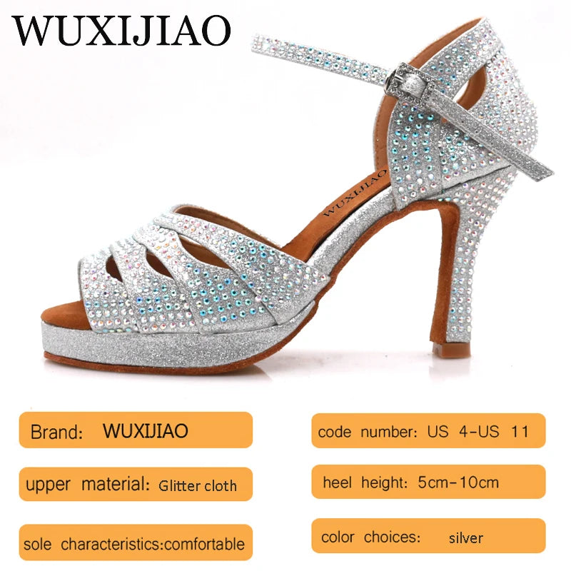 WUXIJIAO Jazz shoes Latin dance shoes women Latin salsa girls casual shoes silver rhinestone shoes