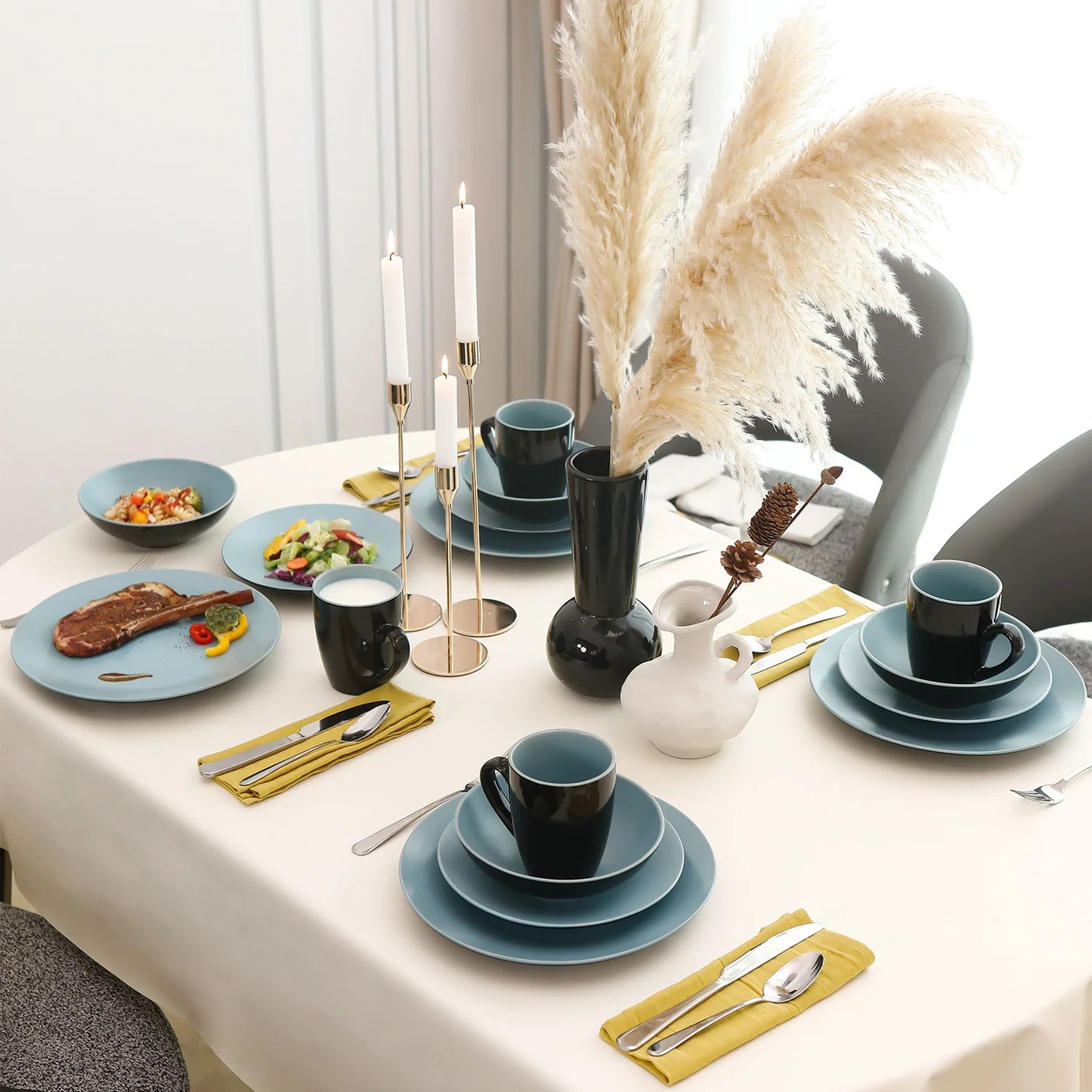 18Pc Turquoise Modern Luxury Stoneware Set Steak Salad Plates With Cereal Bowl Set Elegant Warm Dinnerware Sets Kitchen Home Use