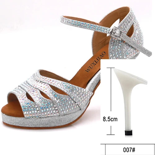 WUXIJIAO Jazz shoes Latin dance shoes women Latin salsa girls casual shoes silver rhinestone shoes
