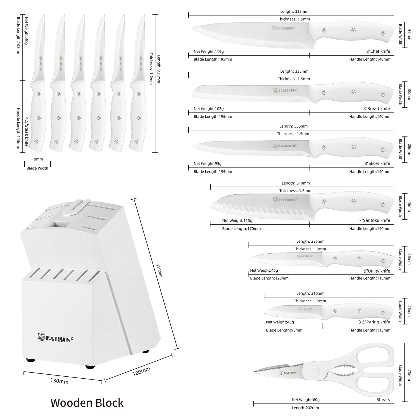 15 Pieces White Carbon Steel Blade Kitchen Knife Set with Real Wooden Stand, Inner Sharpener, and Kitchen Scissors