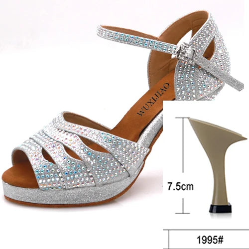 WUXIJIAO Jazz shoes Latin dance shoes women Latin salsa girls casual shoes silver rhinestone shoes