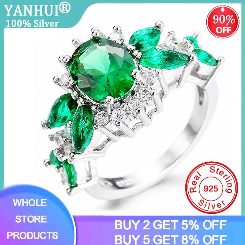 YANHUI New Fashion Tibetan Silver Jewelry Emerald Rings For Women Female Valentine's Day Accessories