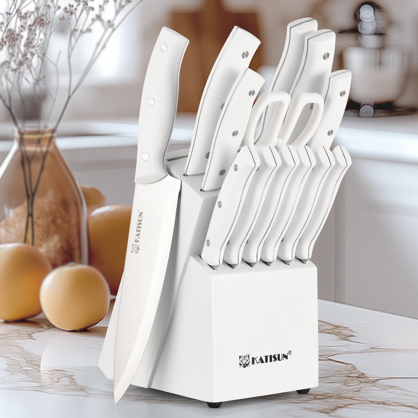 15 Pieces White Carbon Steel Blade Kitchen Knife Set with Real Wooden Stand, Inner Sharpener, and Kitchen Scissors