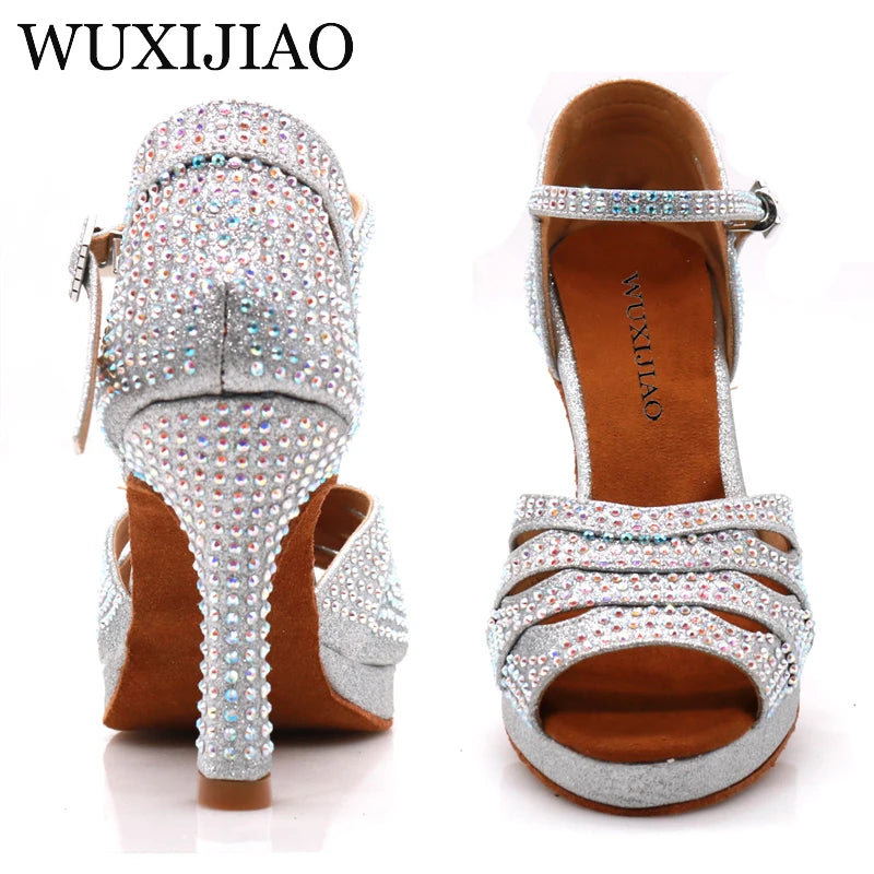 WUXIJIAO Jazz shoes Latin dance shoes women Latin salsa girls casual shoes silver rhinestone shoes