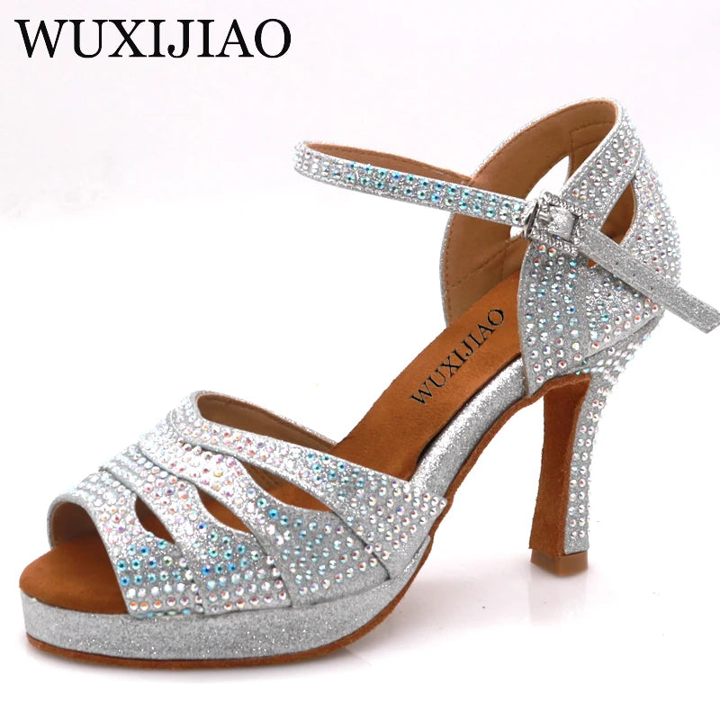 WUXIJIAO Jazz shoes Latin dance shoes women Latin salsa girls casual shoes silver rhinestone shoes