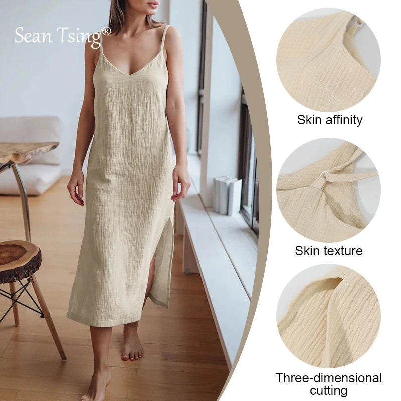 100% Cotton Woman's Dresses Sexy Spaghetti Strap Sleeveless Open Side Sundress Summer Long Maxi Female Dress vestidos para mujer