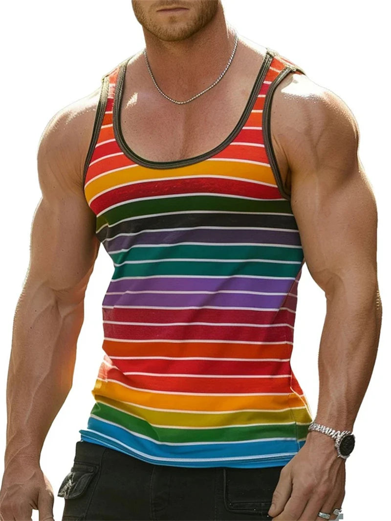 Mens Retro Stripe 3D Printed Tank Tops Fashion Summer Sleeveless Casual Sports Vest Loose Quick Dry Breathable Tees Clothes