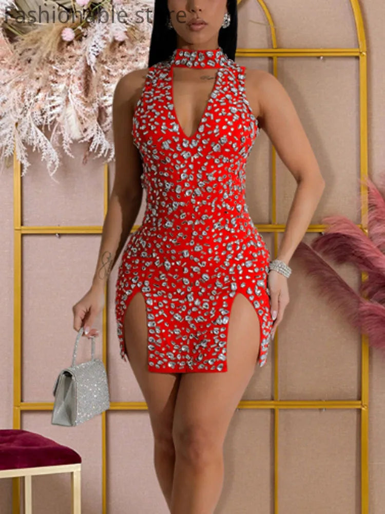 Women's Sexy Solid Color Halter Hollow Out Party Dress Rhinestone Decor Sleeveless Mini Dress