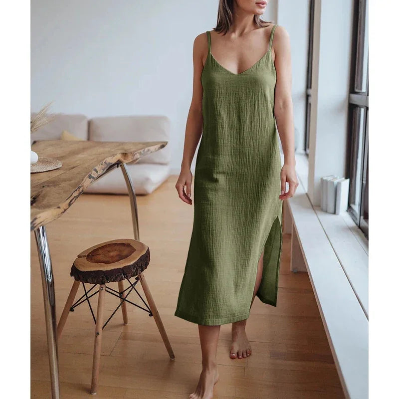 100% Cotton Woman's Dresses Sexy Spaghetti Strap Sleeveless Open Side Sundress Summer Long Maxi Female Dress vestidos para mujer
