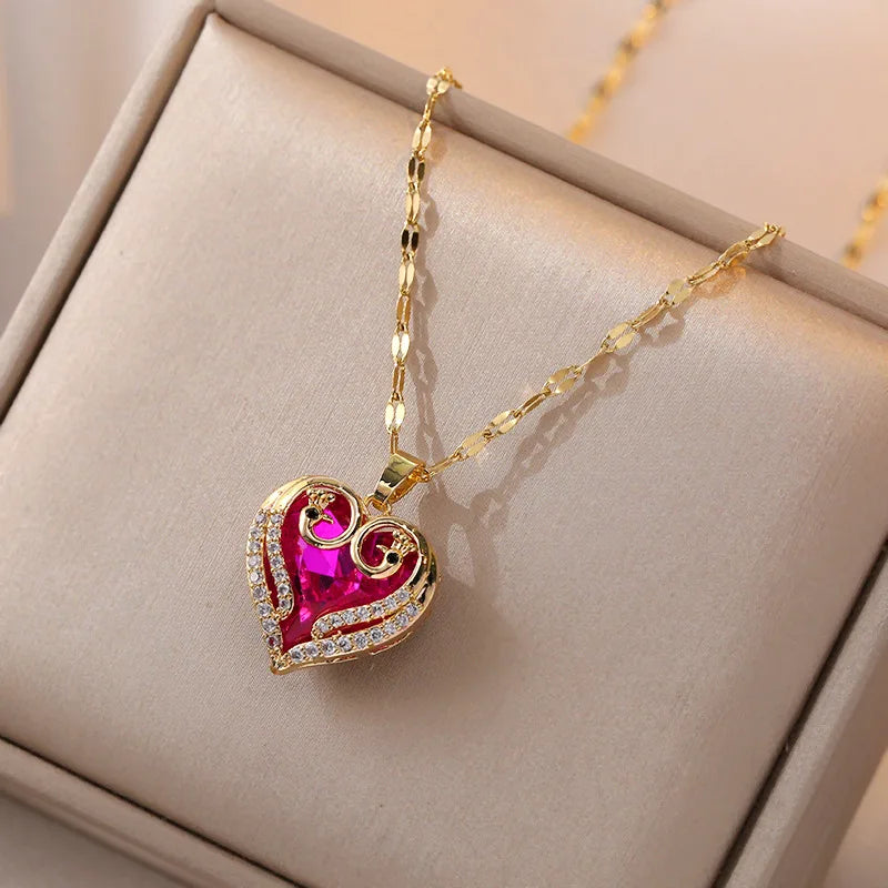 ZAKOL Gorgeous Colorful Zircon Love Heart Pendant Necklace For Women Fashion Stainless Steel Neck Chain Jewelry Gift