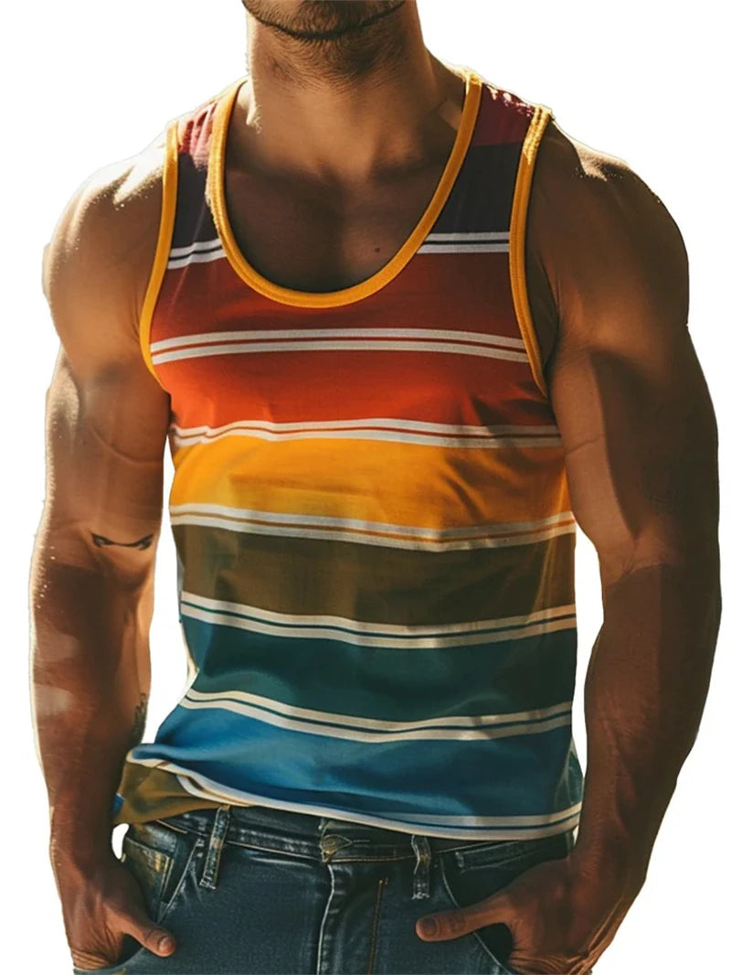 Vintage Striped Graphic Tank Tops For Men Fashion Casual Summer Sleeveless 3D Printed Vest Loose Crew Neck Quick Dry Sports Tees