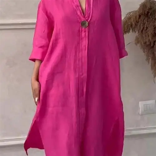 Women's Casual Button-Up Linen irt Long Ne round Color Blo Pet Clothing Accories