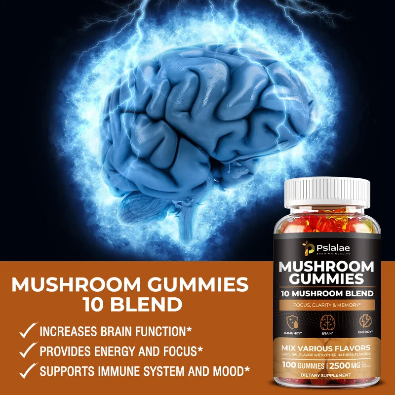 Mushroom Gummies - 10 Mushroom Blend - Natural Stress & Mood Support, Enhance Brain, Memory & Focus, Immune
