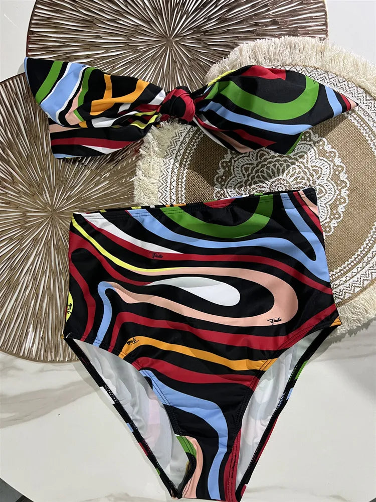 Women Swimsuit Split Swimsuit Bikini Striped Geometry Pattern One-Piece Swimsuit