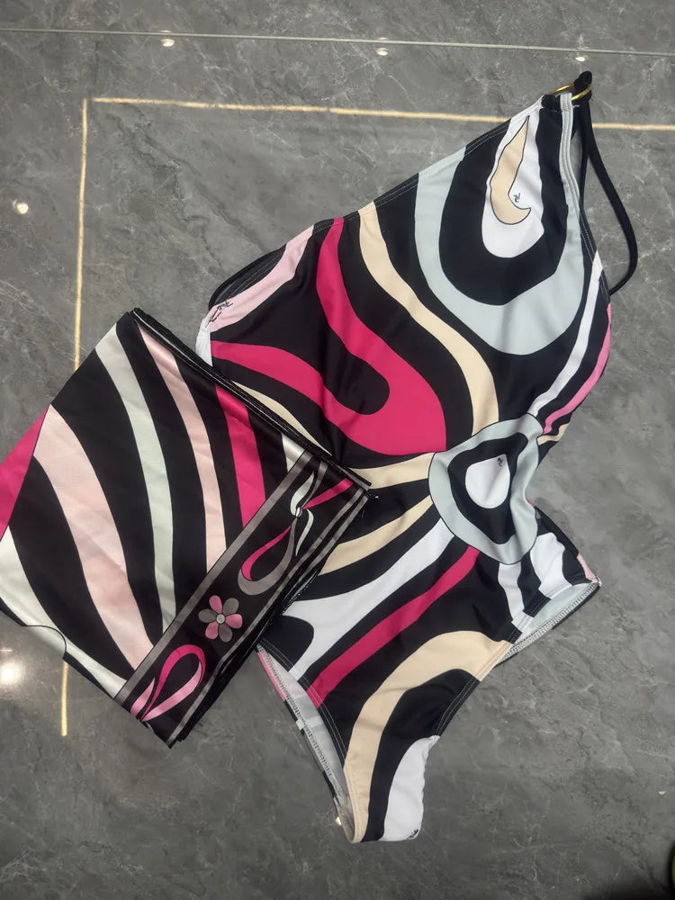Women Swimsuit Split Swimsuit Bikini Striped Geometry Pattern One-Piece Swimsuit