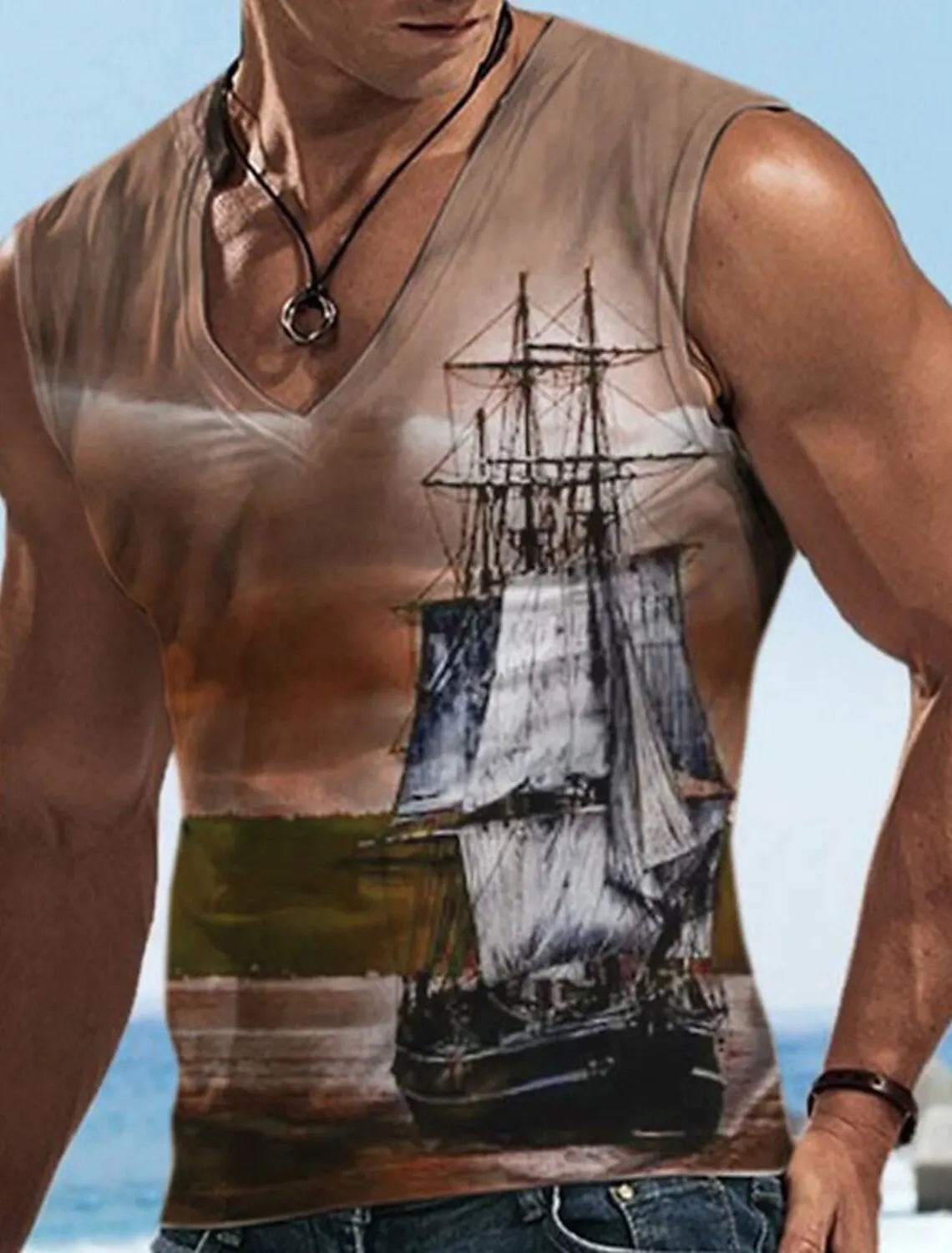 Sailor Suit 3D Ship Print T Shirt Men's Quick Dry Sleeveless Tank Top Oversized Fitness Sports Shirt Men's Design Clothing