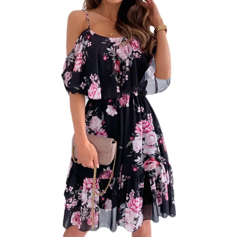 Woman Dress 2022 Summer Floral Printed Sexy Spaghetti Strap Off Shoulder Dress Casual Ladies Holiday Beach Boho Dresses Vestidos