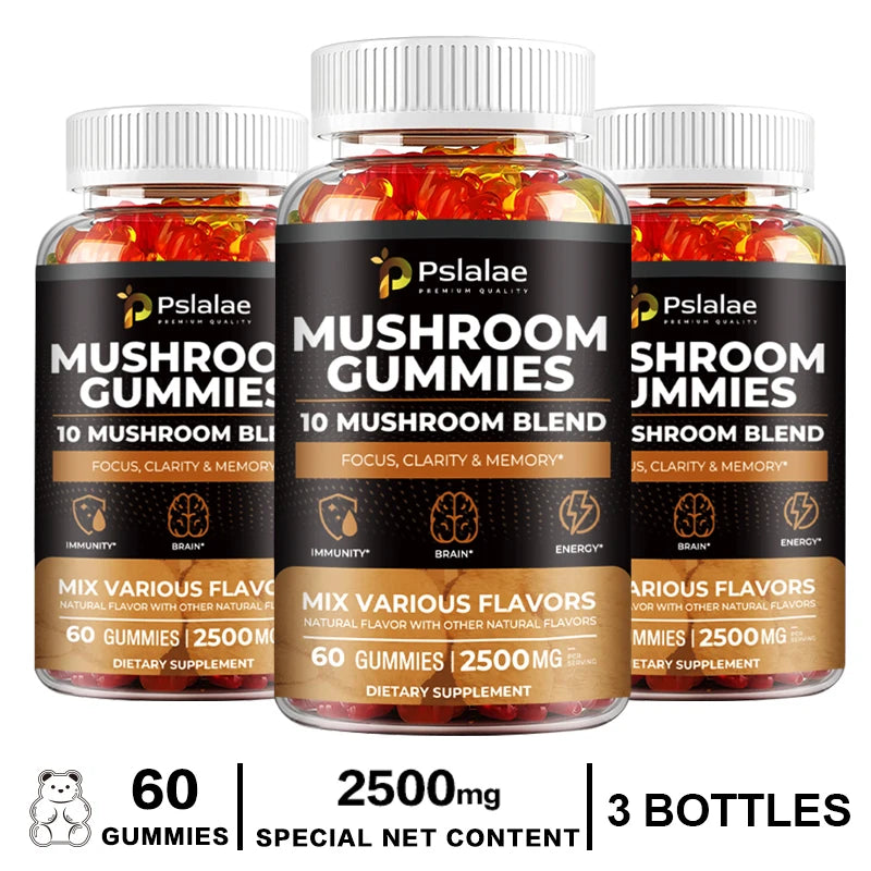 Mushroom Gummies - 10 Mushroom Blend - Natural Stress & Mood Support, Enhance Brain, Memory & Focus, Immune