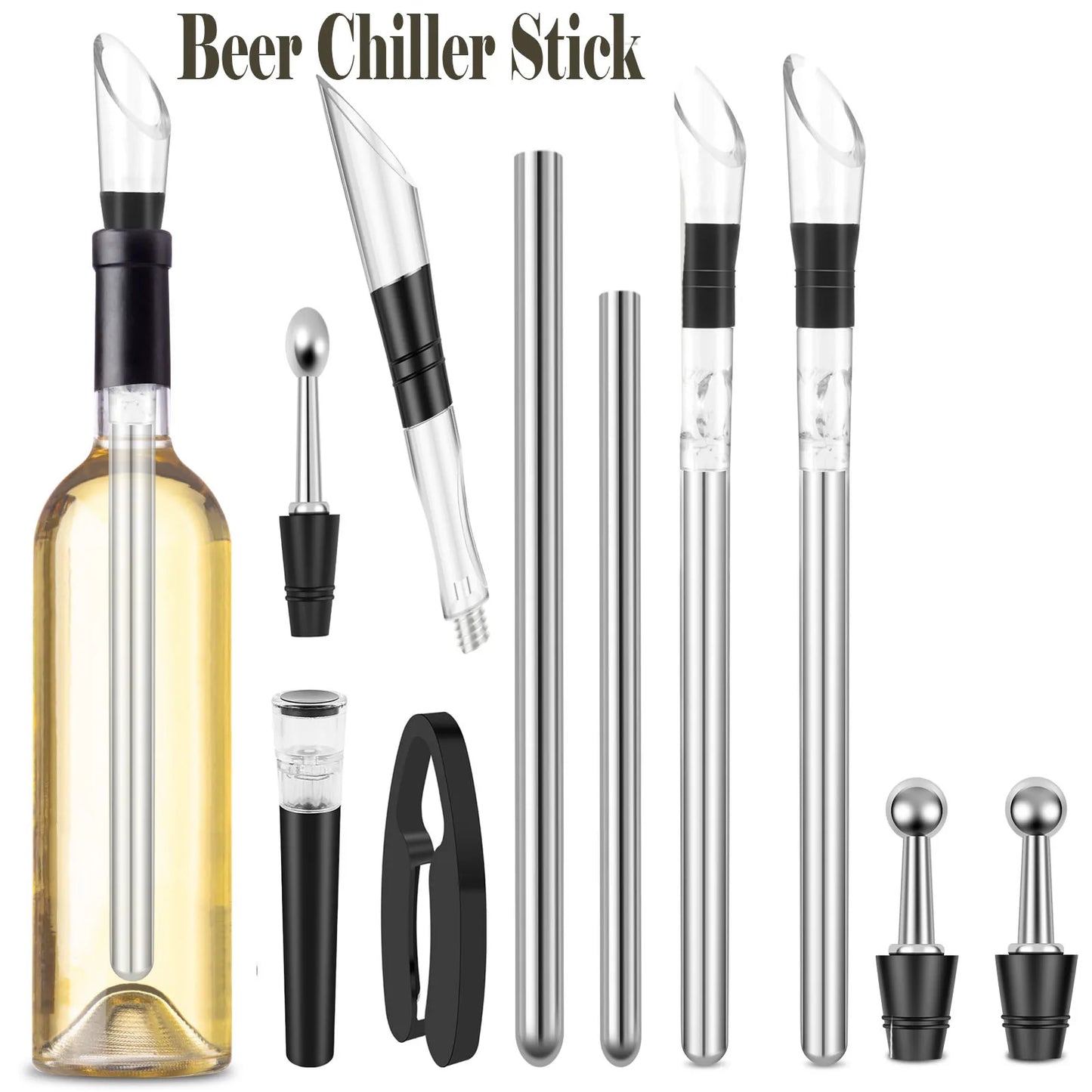 Wine Cooling Rod Stainless Frozen Stick Beer Chiller Stick Ice Wine Cooler 4 in 1 Wine Cooling w/ Wine Pourer Stopper Cutter