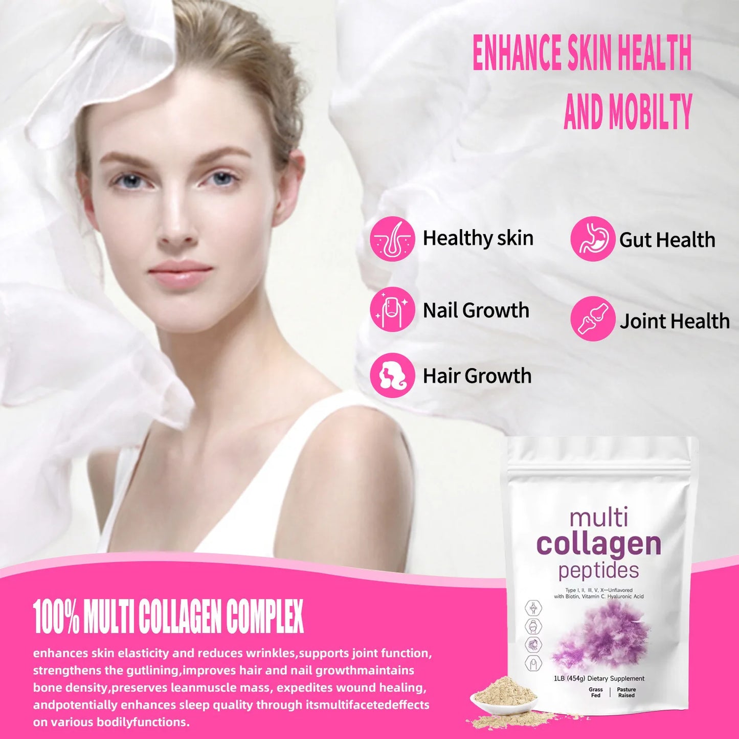 1LB Multi Collagen Protein Peptides Powder, Type I,II,III,V,X - Unflavored with Biotin 10000mcg,, Vitamin C, Hyaluronic Acid