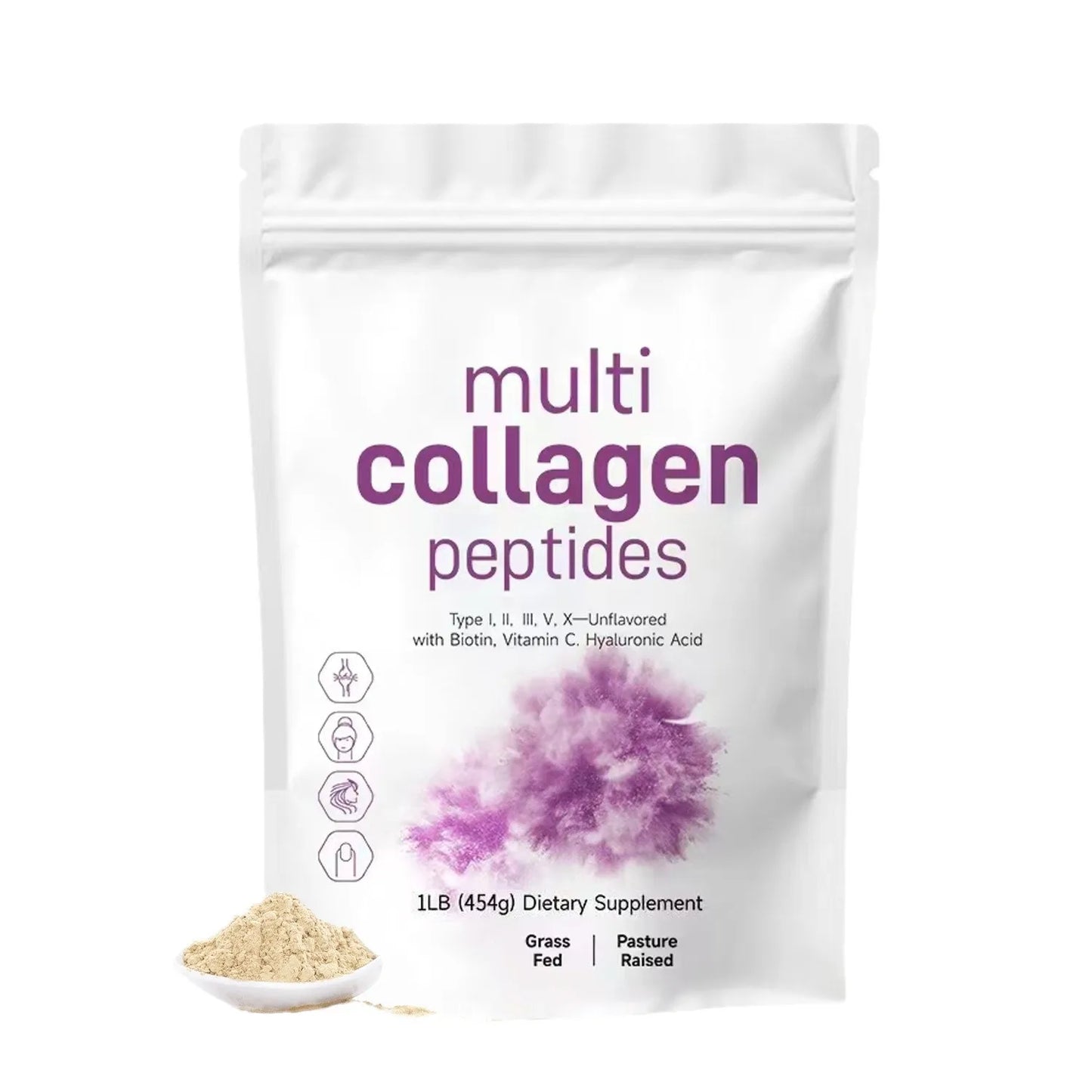 1LB Multi Collagen Protein Peptides Powder, Type I,II,III,V,X - Unflavored with Biotin 10000mcg,, Vitamin C, Hyaluronic Acid