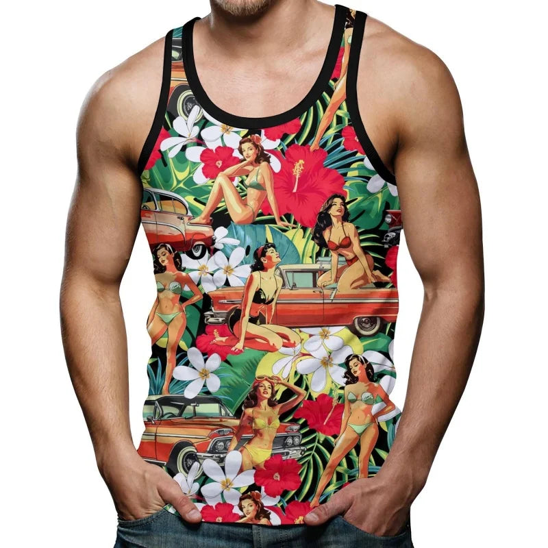 Car Dinosaur Pattern Tank Tops For Men Coconut Tree 3D Printed Tees Summer Casual Loose Tops Street Sports Round Neck Vest