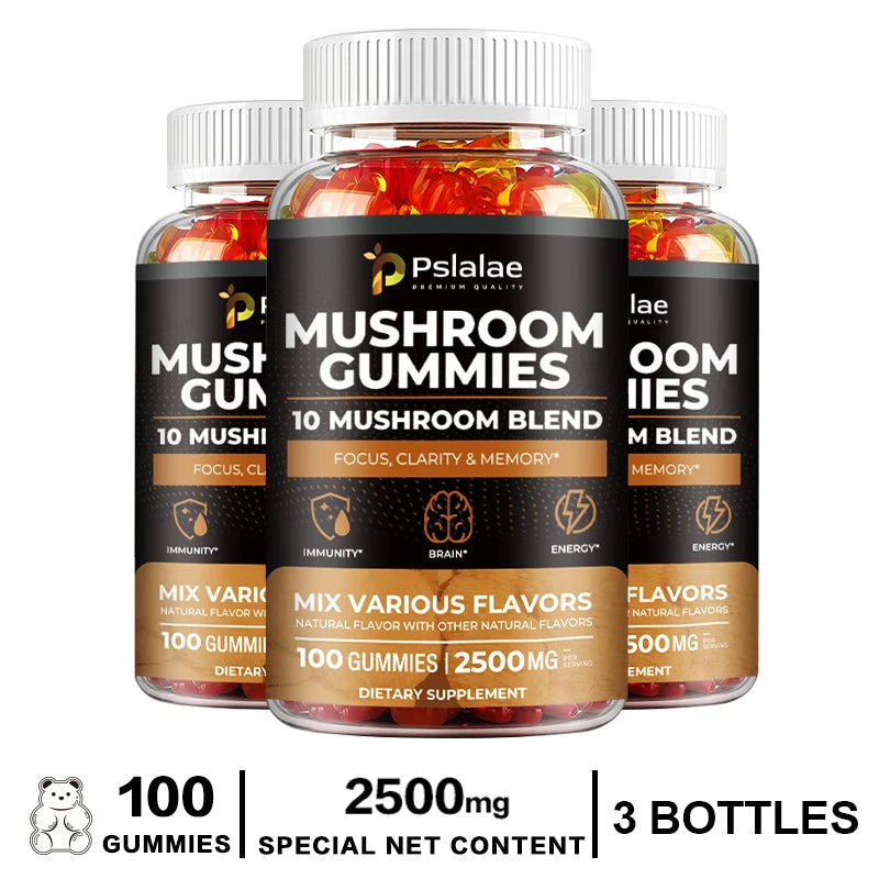 Mushroom Gummies - 10 Mushroom Blend - Natural Stress & Mood Support, Enhance Brain, Memory & Focus, Immune