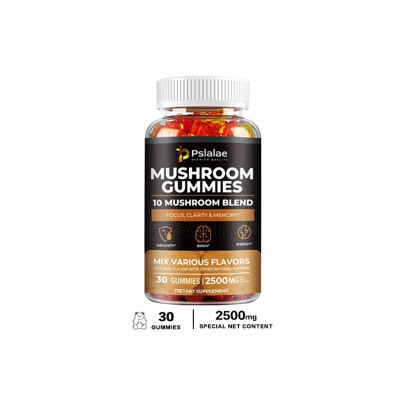 Mushroom Gummies - 10 Mushroom Blend - Natural Stress & Mood Support, Enhance Brain, Memory & Focus, Immune