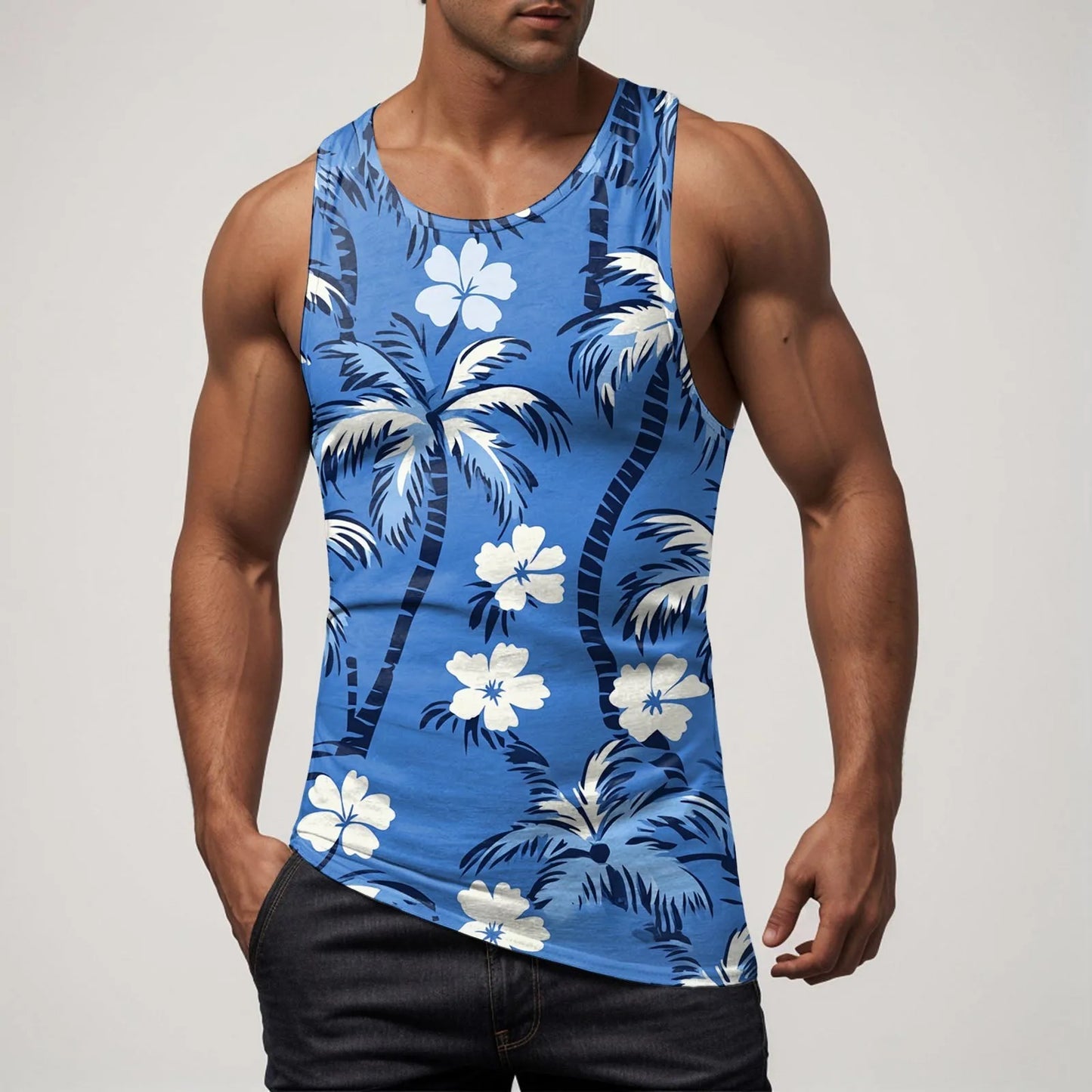 Men Vest Casual Comfortable Soft Breathable Fashion Printed Beach Tank Top Compression Hawaiian Vacation Pullover Plus Size