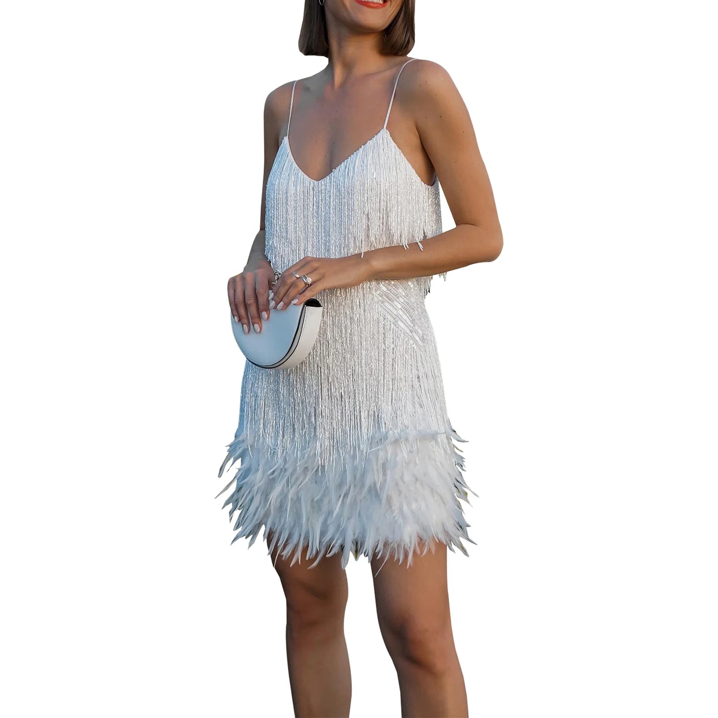 Women Sling Dress Sleeveless V Neck Tassels Feather Club Party Spring Short Summer Dress