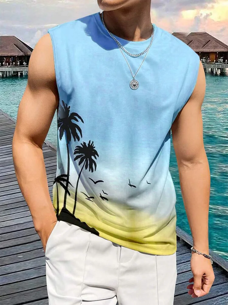 Summer Daily Casual Men's Tank Top Hawaiian Style Fish Print Men's Tank Top Seaside Party Men's Fashion Sleeveless T-shirt