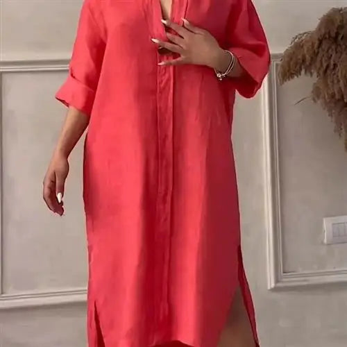 Women's Casual Button-Up Linen irt Long Ne round Color Blo Pet Clothing Accories