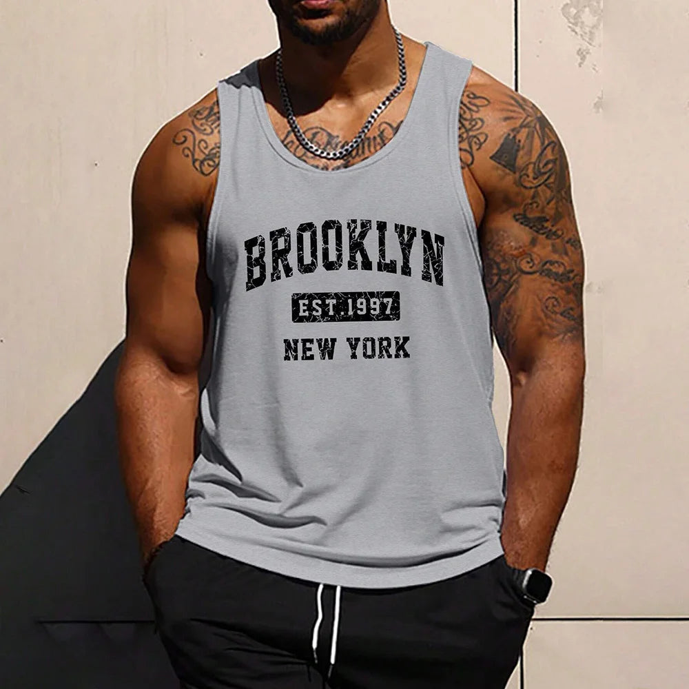 Summer Fresh And Simple Letter Men's Printed Men's Round Neck Vest Harajuku Street Fashion Daily Sports Fitness Breathable Vest