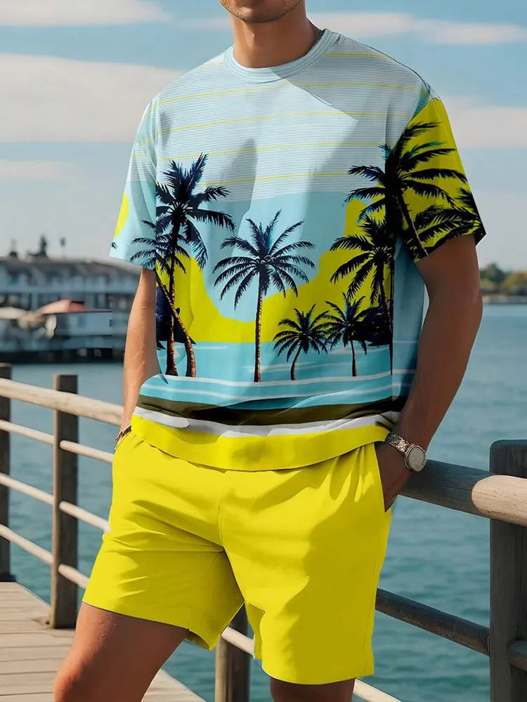 2 Piece Summer Casual Everyday Men's Short Sleeve Shorts Set Hawaiian Print Men's T-shirt Outdoor Sports Men's Beach Shorts