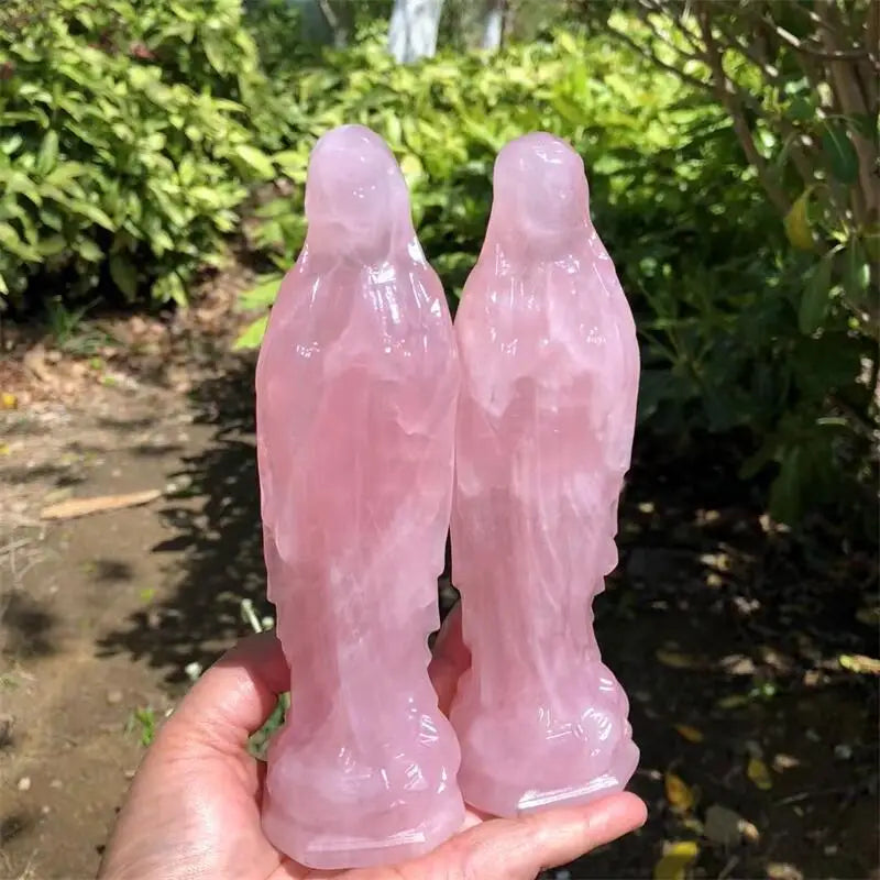 18cm Natural Rose Quartz Madonna Virgin Mary Carving Crafts Healing Stone Fashion Home Ornaments Birthday Gift 1PCS