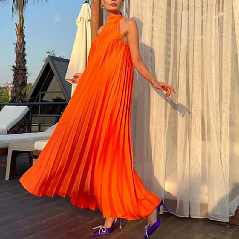 Women Sexy Off Shoulder Gala Dress New 2025 Elegant Solid Swing Loose Party Dress Spring Female Halter Slim Banquet Long Dress