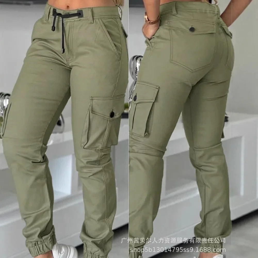 Women High Waist Multiple Pockets Design Cuffed Cargo Pants Slim Fit Trousers Pants Y2K