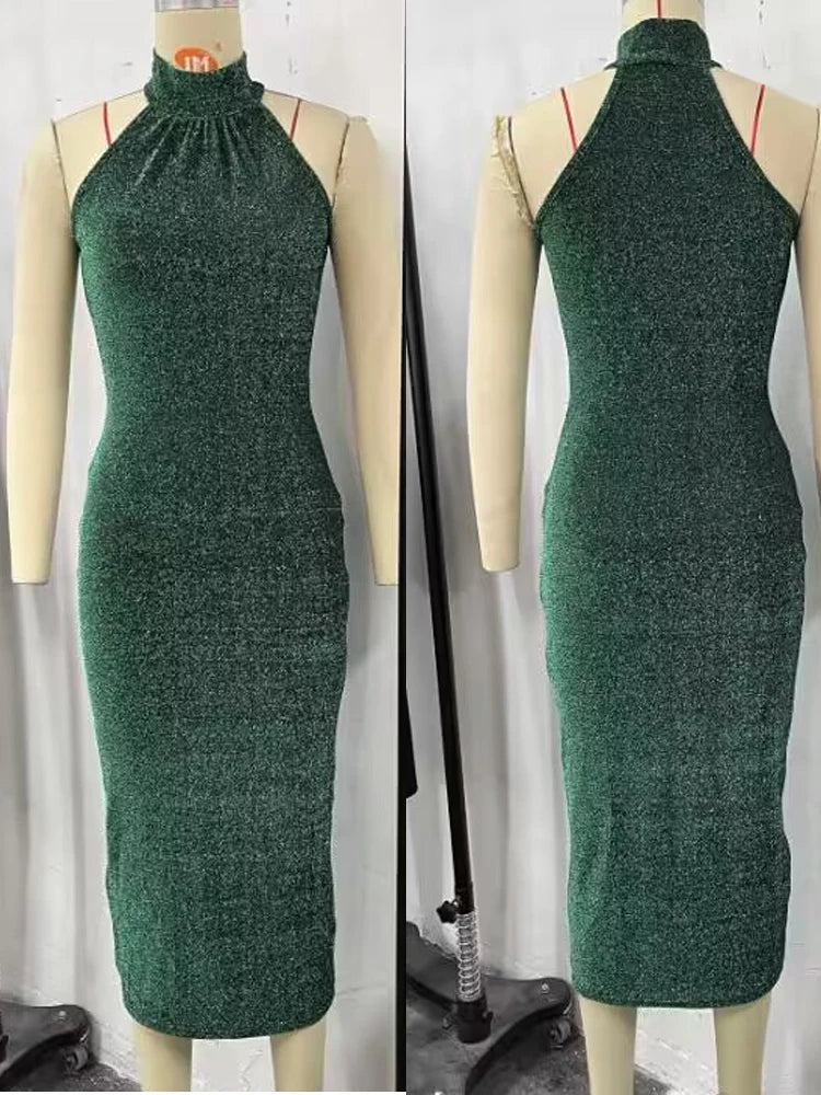 Women High Neck Sleeveless Glitter Bodycon Dress