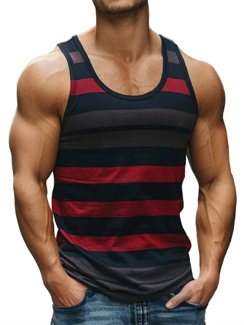 Retro Striped Graphic Tank Tops For Men Fashion Casual Summer Sleeveless 3D Printed Vest Loose Crew Neck Quick Dry Sports Tees