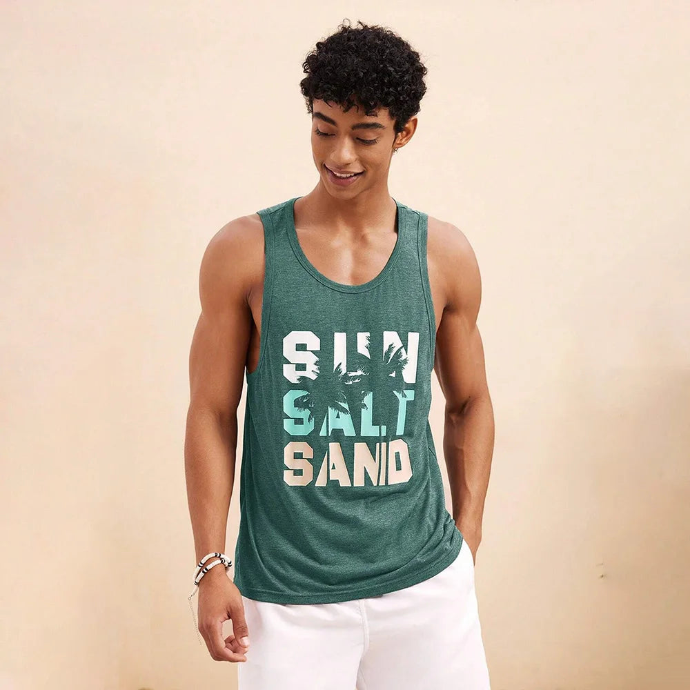 Summer Fresh And Simple Letter Men's Printed Men's Round Neck Vest Harajuku Street Fashion Daily Sports Fitness Breathable Vest