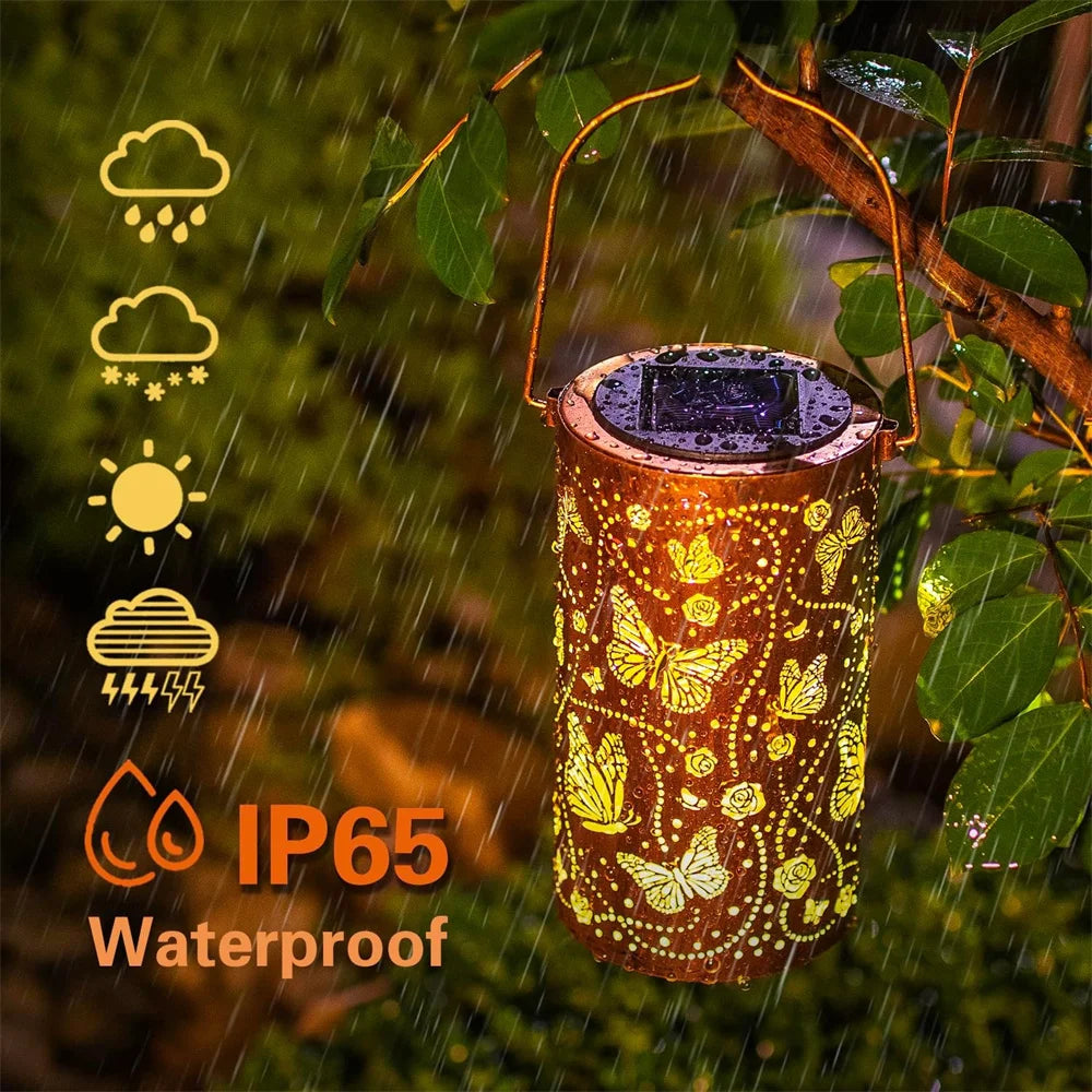 1pc Led Solar Light Solar Hanging Lantern Butterfly Solar Iron Art Lantern Decorative Pathway Lamp Outdoor Metal Hollow Lights