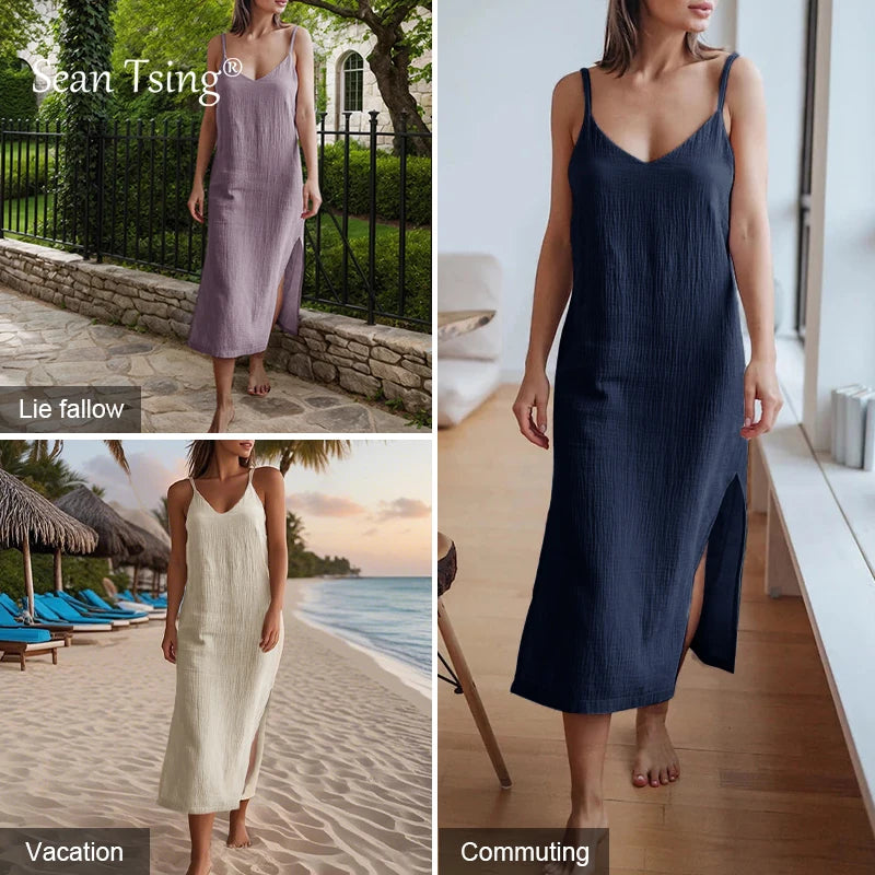 100% Cotton Woman's Dresses Sexy Spaghetti Strap Sleeveless Open Side Sundress Summer Long Maxi Female Dress vestidos para mujer