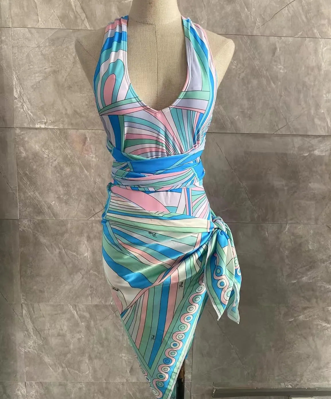 Women Swimsuit Split Swimsuit Bikini Striped Geometry Pattern One-Piece Swimsuit