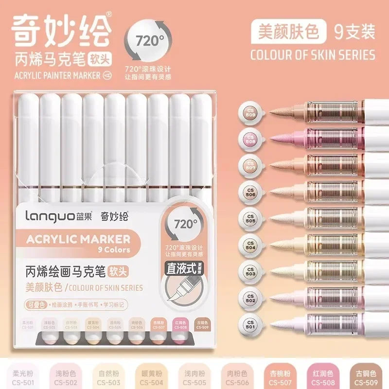 171/9 Direct Liquid Acrylic Art Markers Paint Pens Brush Color Marker for Rock Painting Stone Glass DIY Art Supplies Stationery