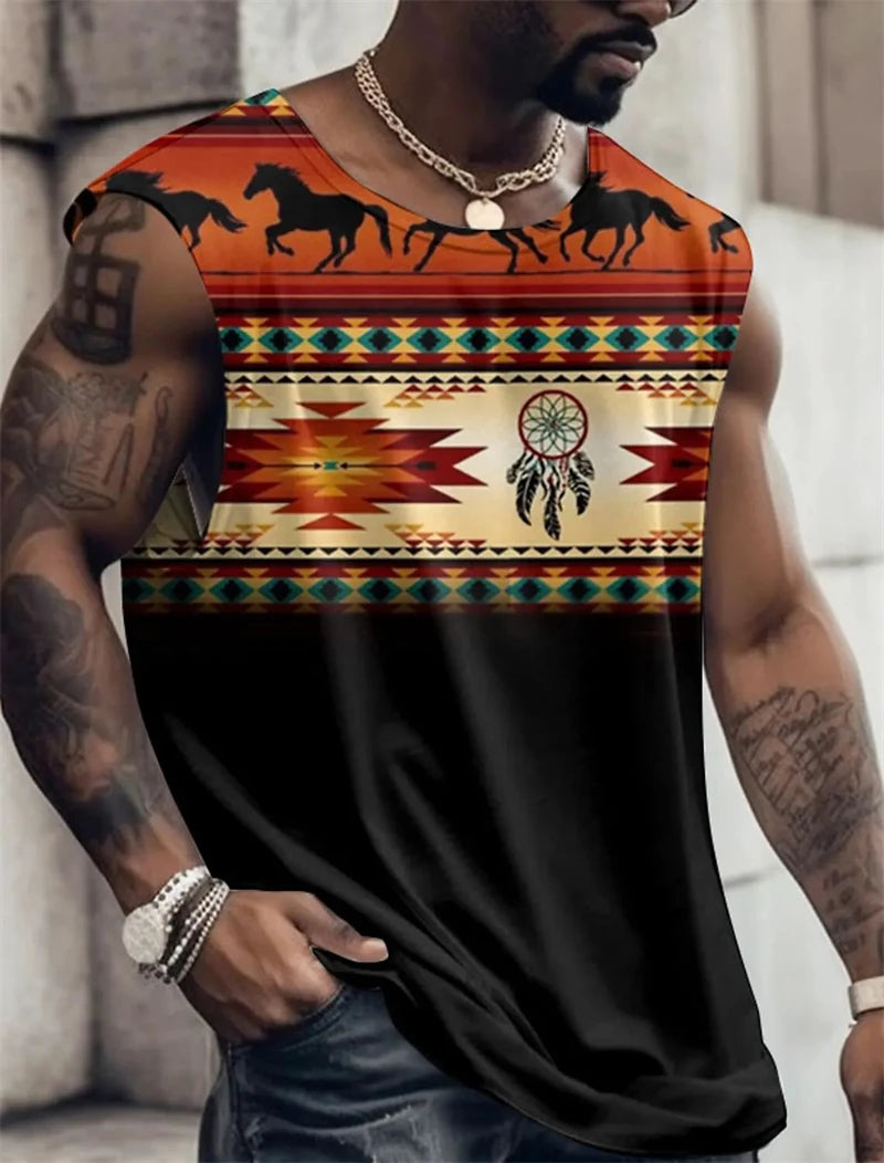 Men's Sleeveless T-Shirts Patterned Colorblocking 3D Printed Y2k Clothing Harajuku Casual Vest Daily Fitness Ethnic Print Tops