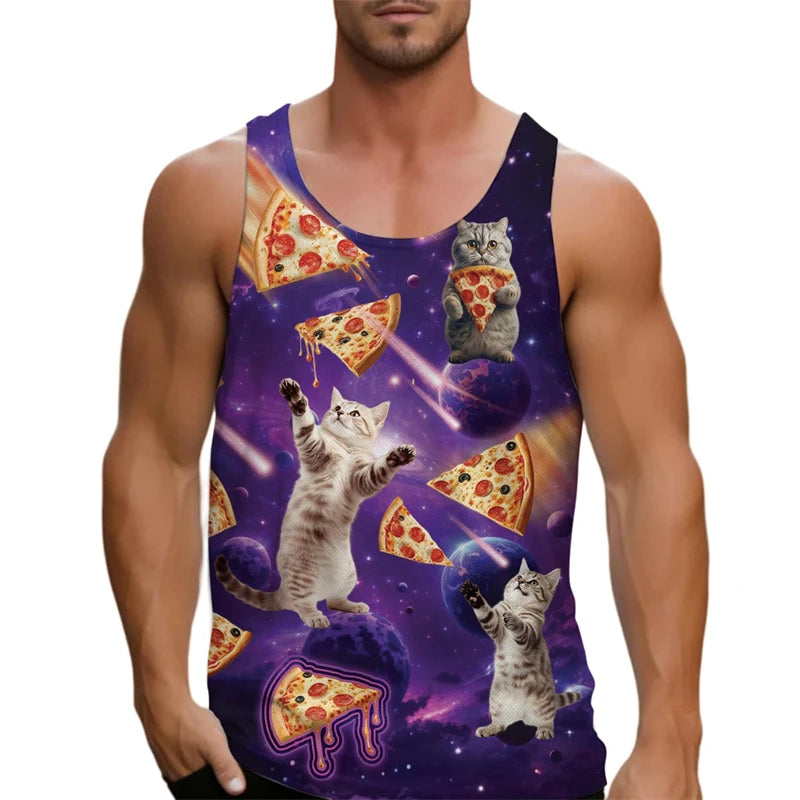 Funny Cat Pizza Graphic Tank Tops Men Women 2025 Sleeveless Tees Y2k Shirt Hawaii Beach Vest Top Unisex Cartoon Undershirt
